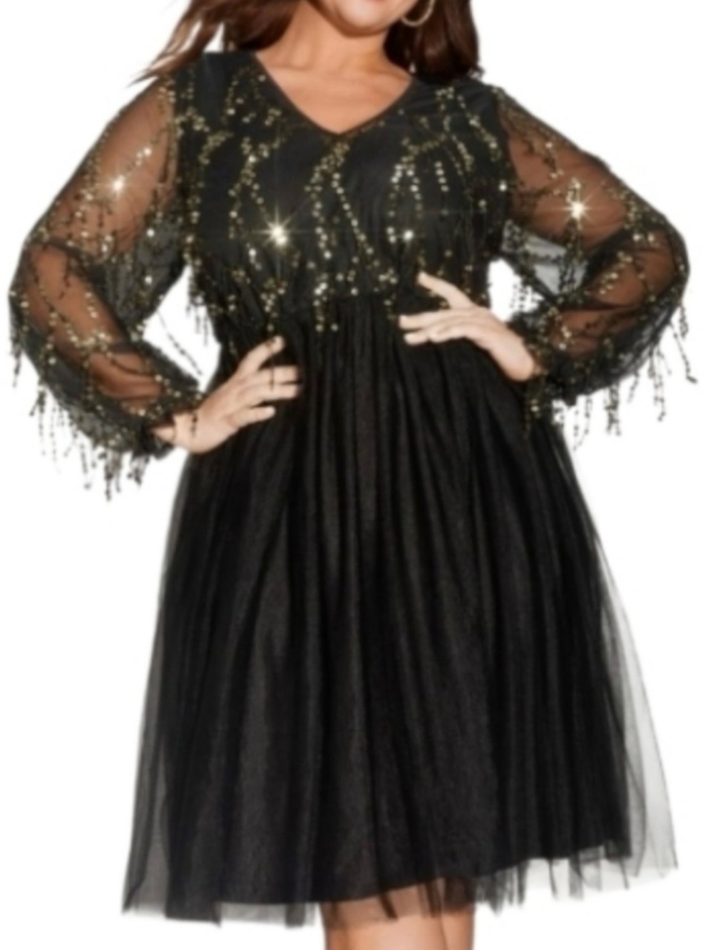 BloomChic Black Midi Dress with Gold Sequin Fringe & Tulle Skirt Size 10